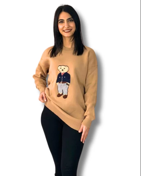 Kadın Teddy Bear Bisiklet Yaka Triko Kazak (Taş)