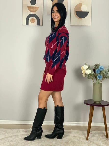 Kadın Baklava  Desenli Etekli Alt Üst Triko Takım(Bordo) - Resim 4