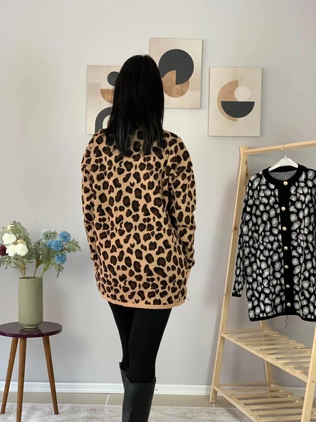 Kadın Leopar Desenli Uzun Hırka(Kahve) - 7