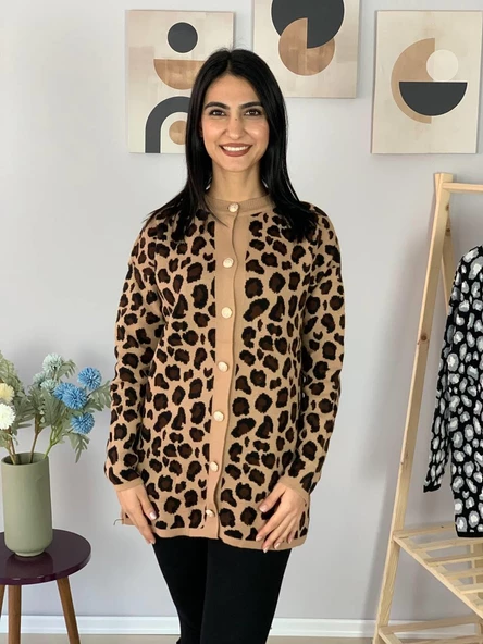 Kadın Leopar Desenli Uzun Hırka(Kahve) - 5