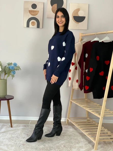 Kadın  Bisiklet Yaka Kalpli Triko Kazak (Lacivert) - Resim 4