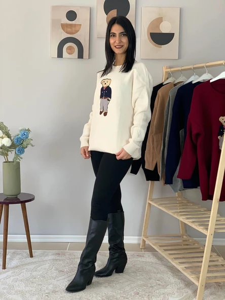 Kadın Teddy Bear Bisiklet Yaka Triko Kazak (Krem) - Resim 4