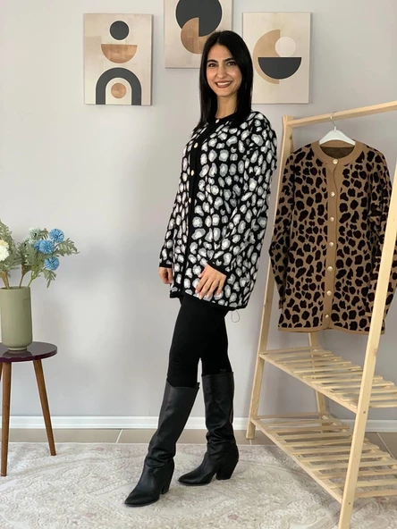 Kadın Leopar Desenli Uzun Hırka(Siyah) - 4