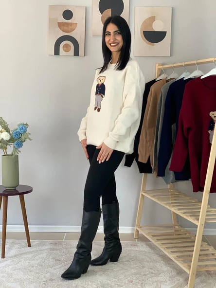 Kadın Teddy Bear Bisiklet Yaka Triko Kazak (Krem) - Resim 7