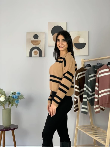 Kadın Polo Yaka Sakallı Triko Crop Kazak(Taş) - Resim 5