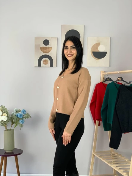 Kadın Sakallı Triko Crop Hırka(Taş) - 3