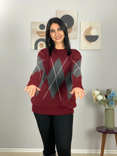 Bordo Füme Baklava Desenli Kazak - Resim 5