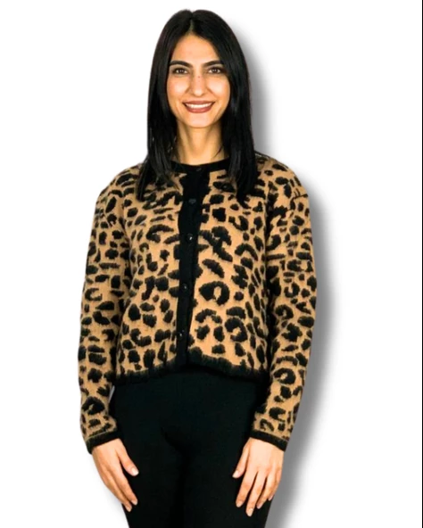 Kadın Siyah Kahverengi Leopar Desenli Kısa Sakallı Triko Hırka