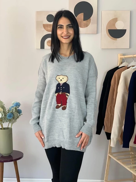 Kadın Teddy Bear Bisiklet Yaka Triko Kazak (Gri) - 4