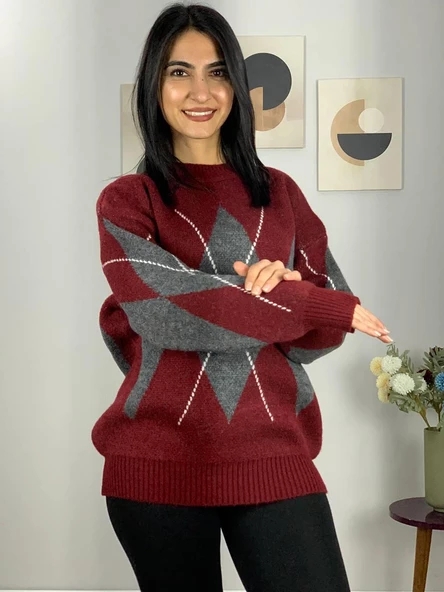 Bordo Füme Baklava Desenli Kazak - Resim 2