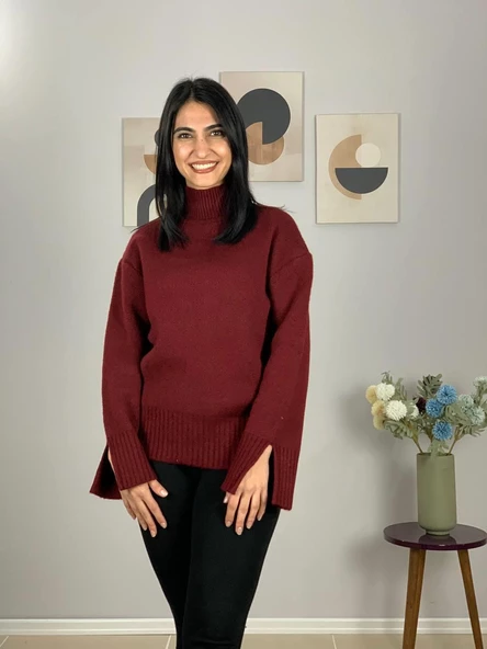 Kadın Bordo Pinterest Model Kol Yırtmaçlı Balıkçı Yaka Triko Kazak - Resim 4