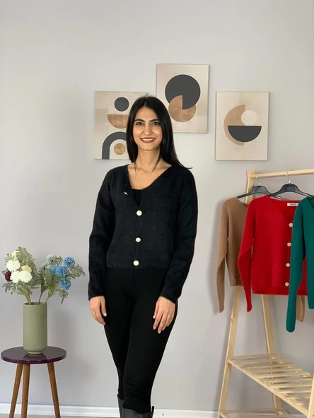 Kadın Sakallı Triko Crop Hırka(Siyah) - 3