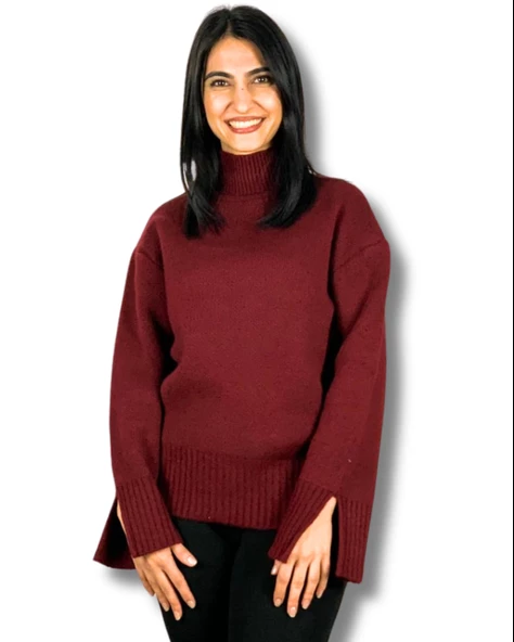 Kadın Bordo Pinterest Model Kol Yırtmaçlı Balıkçı Yaka Triko Kazak ürün görseli