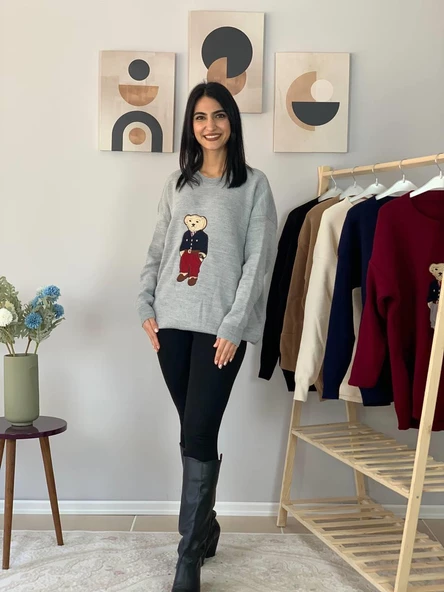 Kadın Teddy Bear Bisiklet Yaka Triko Kazak (Gri) - 3