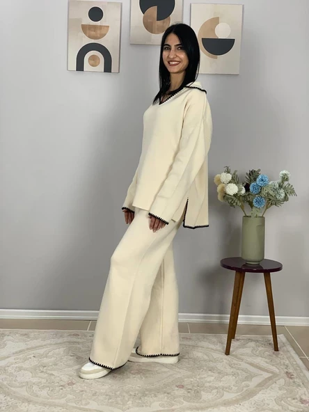 Kadın Çoban Dikişli Rahat Kesim Triko Takım(Beyaz) - Resim 5