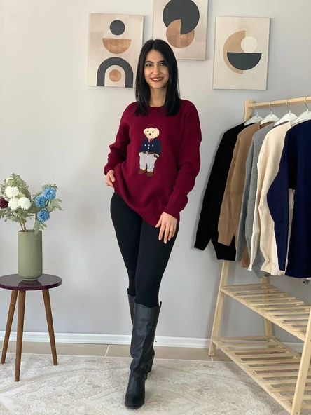 Kadın Teddy Bear Bisiklet Yaka Triko Kazak (Bordo) - Resim 2