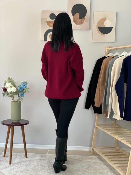 Kadın Teddy Bear Bisiklet Yaka Triko Kazak (Bordo) - Resim 8