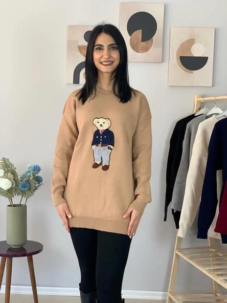 Kadın Teddy Bear Bisiklet Yaka Triko Kazak (Taş) - 5