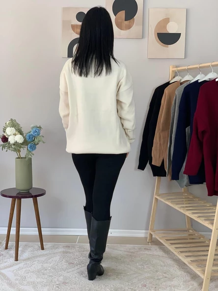 Kadın Teddy Bear Bisiklet Yaka Triko Kazak (Krem) - Resim 8