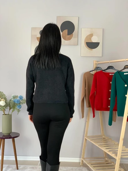 Kadın Sakallı Triko Crop Hırka(Siyah) - 6