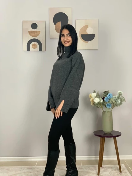 Kadın Füme Pinterest Model Kol Yırtmaçlı Balıkçı Yaka Triko Kazak - Resim 3