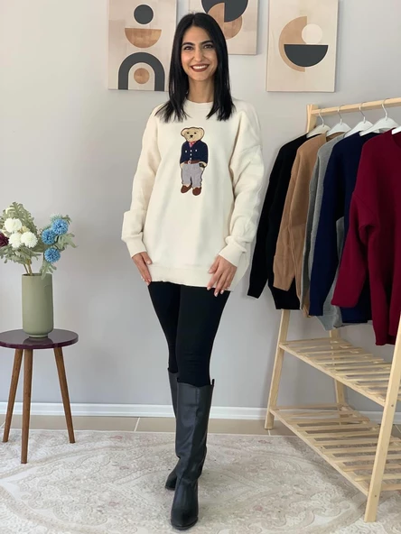 Kadın Teddy Bear Bisiklet Yaka Triko Kazak (Krem) - Resim 5