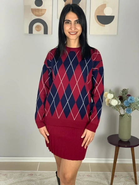 Kadın Baklava  Desenli Etekli Alt Üst Triko Takım(Bordo) - Resim 7