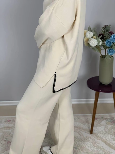 Kadın Çoban Dikişli Rahat Kesim Triko Takım(Beyaz) - Resim 7