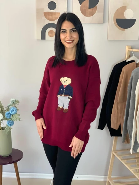 Kadın Teddy Bear Bisiklet Yaka Triko Kazak (Bordo) - Resim 3