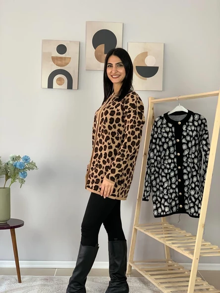 Kadın Leopar Desenli Uzun Hırka(Kahve) - 4