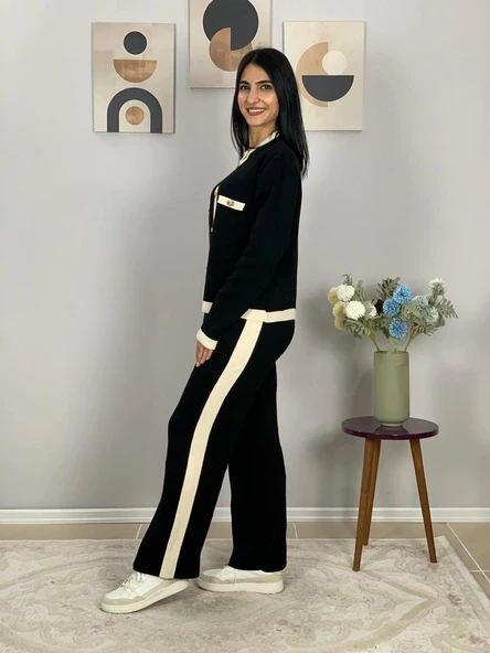 Kadın Gold Düğmeli Siyah Beyaz Şeritli Triko Takım(Siyah) - Resim 3