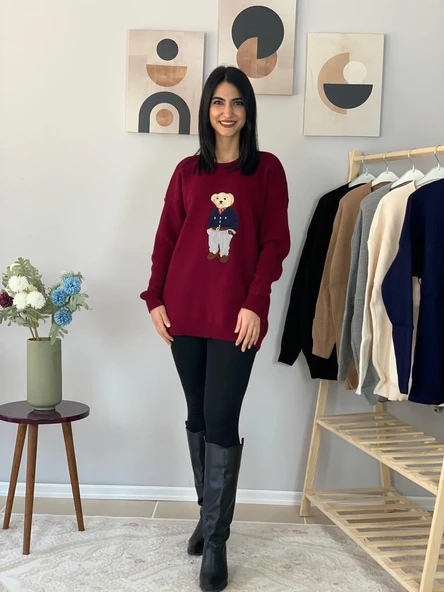 Kadın Teddy Bear Bisiklet Yaka Triko Kazak (Bordo) - Resim 6