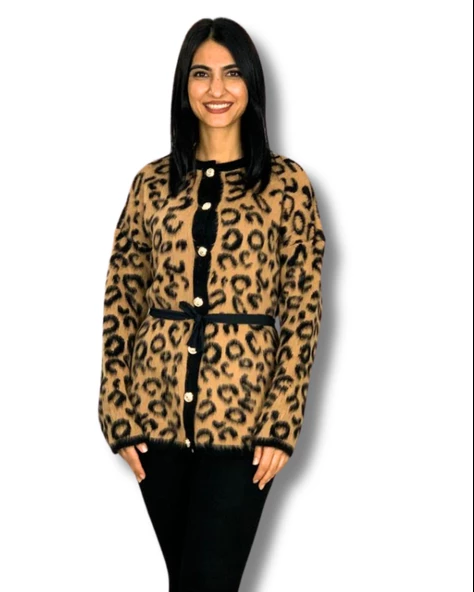 Kadın Siyah Kahverengi Leopar Desenli Uzun Sakallı Triko Hırka