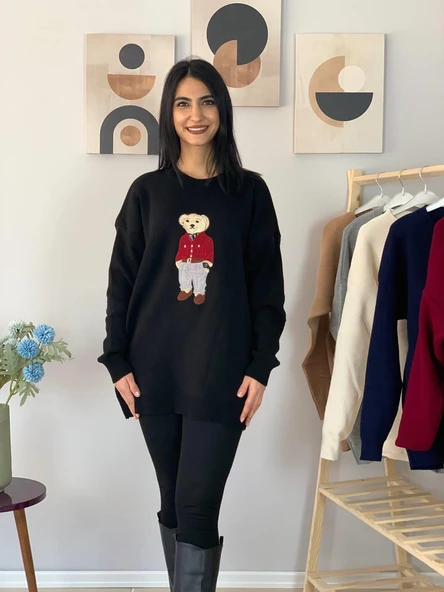 Kadın Teddy Bear Bisiklet Yaka Triko Kazak (Siyah) - Resim 3
