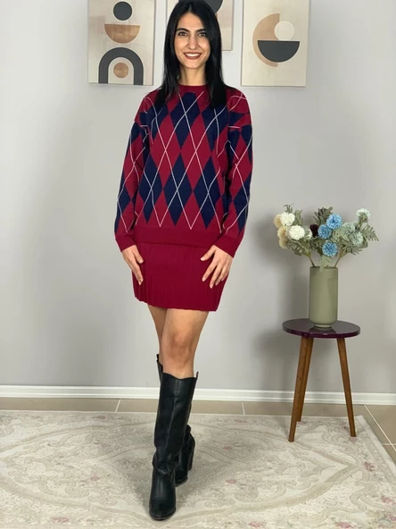 Kadın Baklava  Desenli Etekli Alt Üst Triko Takım(Bordo) - Resim 3