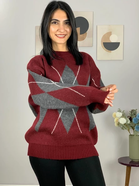 Bordo Füme Baklava Desenli Kazak - Resim 6