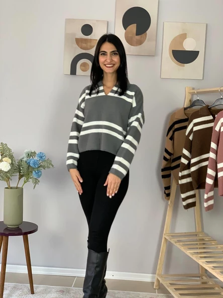 Kadın Polo Yaka Sakallı Triko Crop Kazak(Gri) - Resim 6