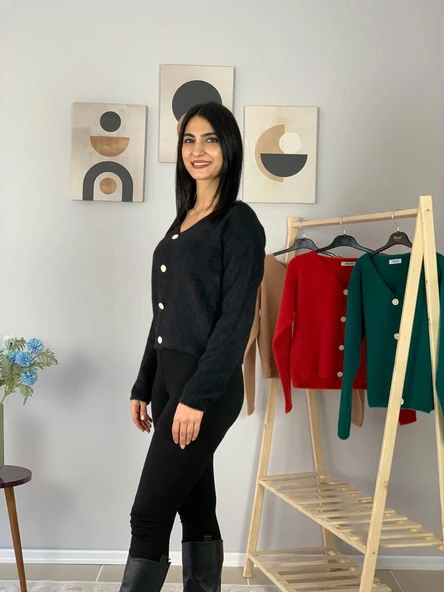 Kadın Sakallı Triko Crop Hırka(Siyah) - 2