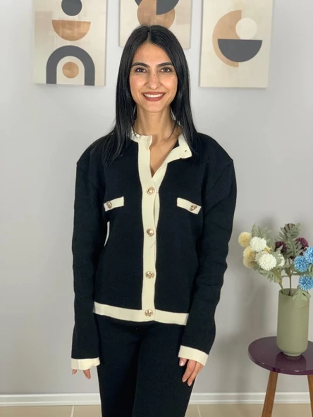 Kadın Gold Düğmeli Siyah Beyaz Şeritli Triko Takım(Siyah) - Resim 4