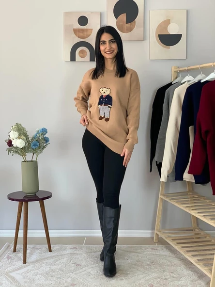 Kadın Teddy Bear Bisiklet Yaka Triko Kazak (Taş) - 8