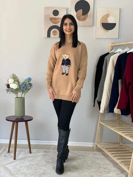 Kadın Teddy Bear Bisiklet Yaka Triko Kazak (Taş) - 2