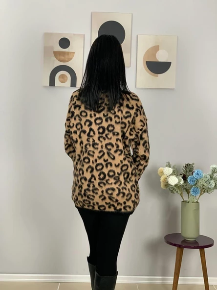 Kadın Siyah Kahverengi Leopar Desenli Uzun Sakallı Triko Hırka - 7
