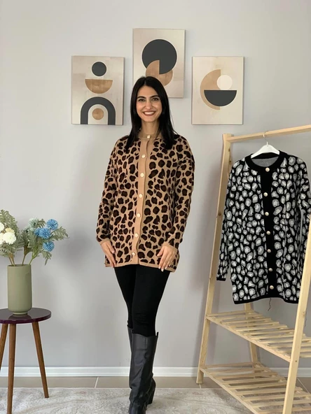 Kadın Leopar Desenli Uzun Hırka(Kahve) - 2