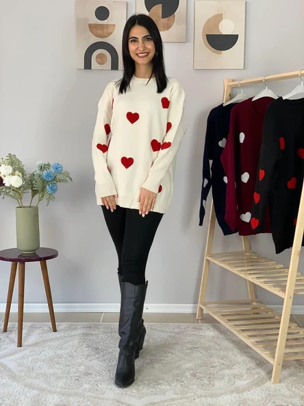 Kadın  Bisiklet Yaka Kalpli Triko Kazak (Krem) - Resim 5