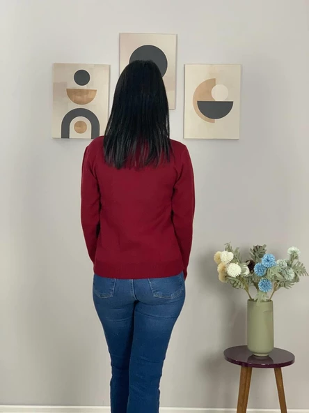 Kadın Teddy Bear Nakışlı Bordo Triko Kazak - Resim 3