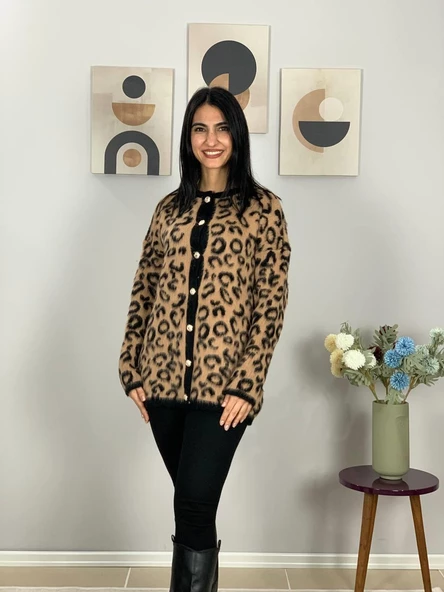Kadın Siyah Kahverengi Leopar Desenli Uzun Sakallı Triko Hırka - 6