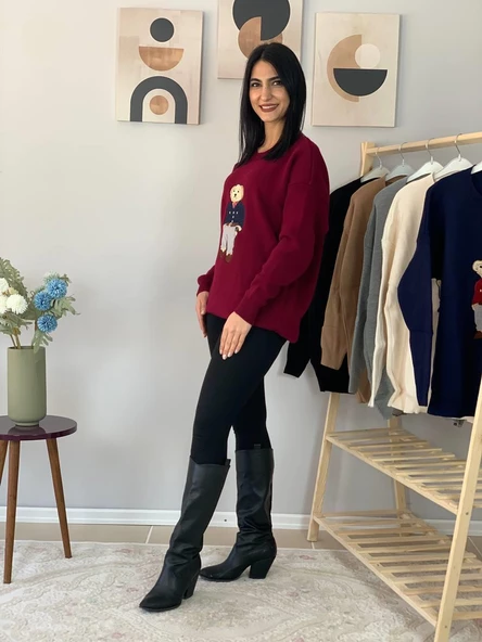 Kadın Teddy Bear Bisiklet Yaka Triko Kazak (Bordo) - Resim 5