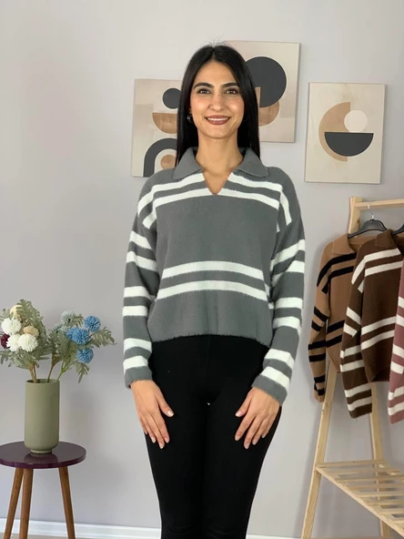 Kadın Polo Yaka Sakallı Triko Crop Kazak(Gri) - Resim 5