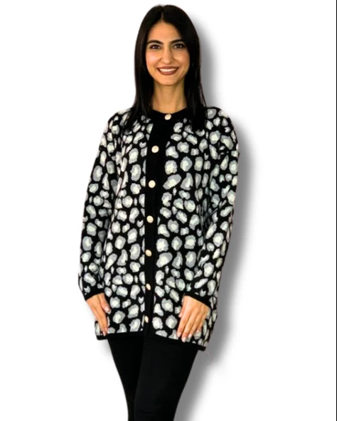 Kadın Leopar Desenli Uzun Hırka(Siyah)