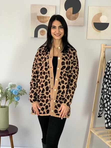 Kadın Leopar Desenli Uzun Hırka(Kahve) - 6